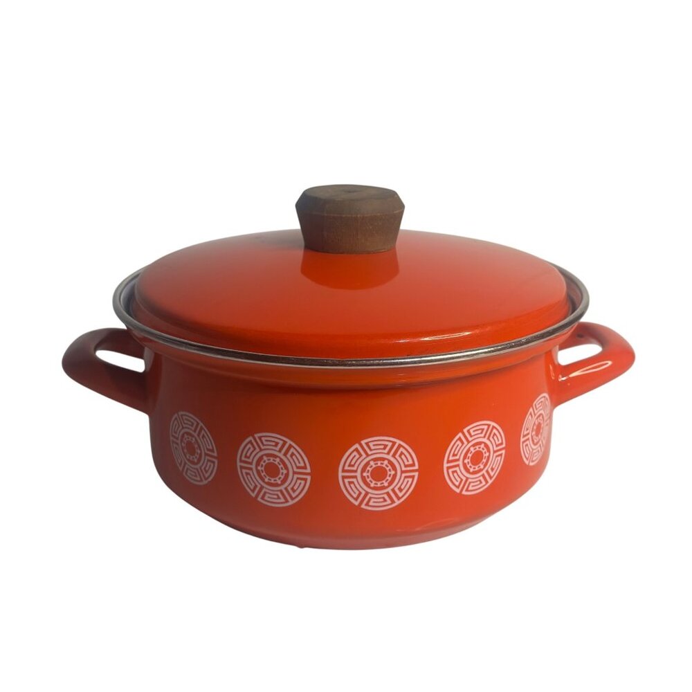 VTG Epicure‎ Orange Enamelware Stock Pot 6" Wooden Knob Lid MCM Geometric Design